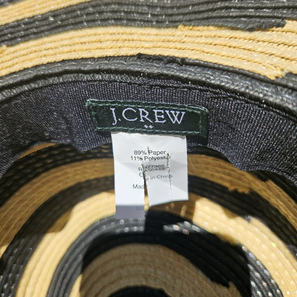 J.Crew Floppy Sun Hat Striped Wide Brim Beach Black Tan Natural Straw Boho